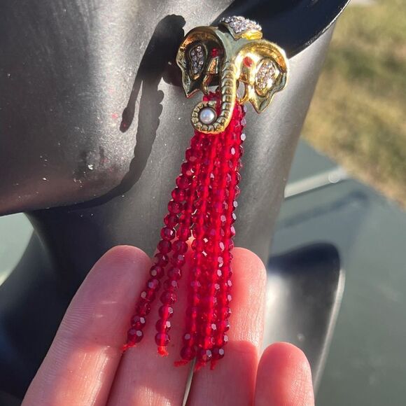 Gold Elephant Head Earrings with Red Bead Tassels - Picture 11 of 15